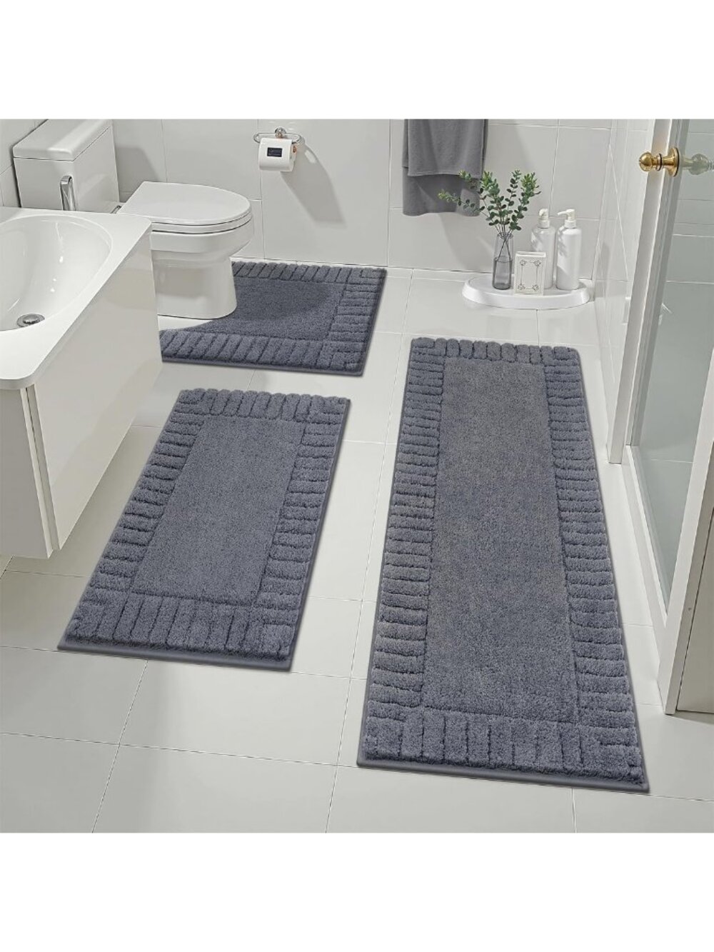 Soft Microfiber 3-Piece Bathroom Rug Set, Plush Bath Mats, Dark Grey Home Decor